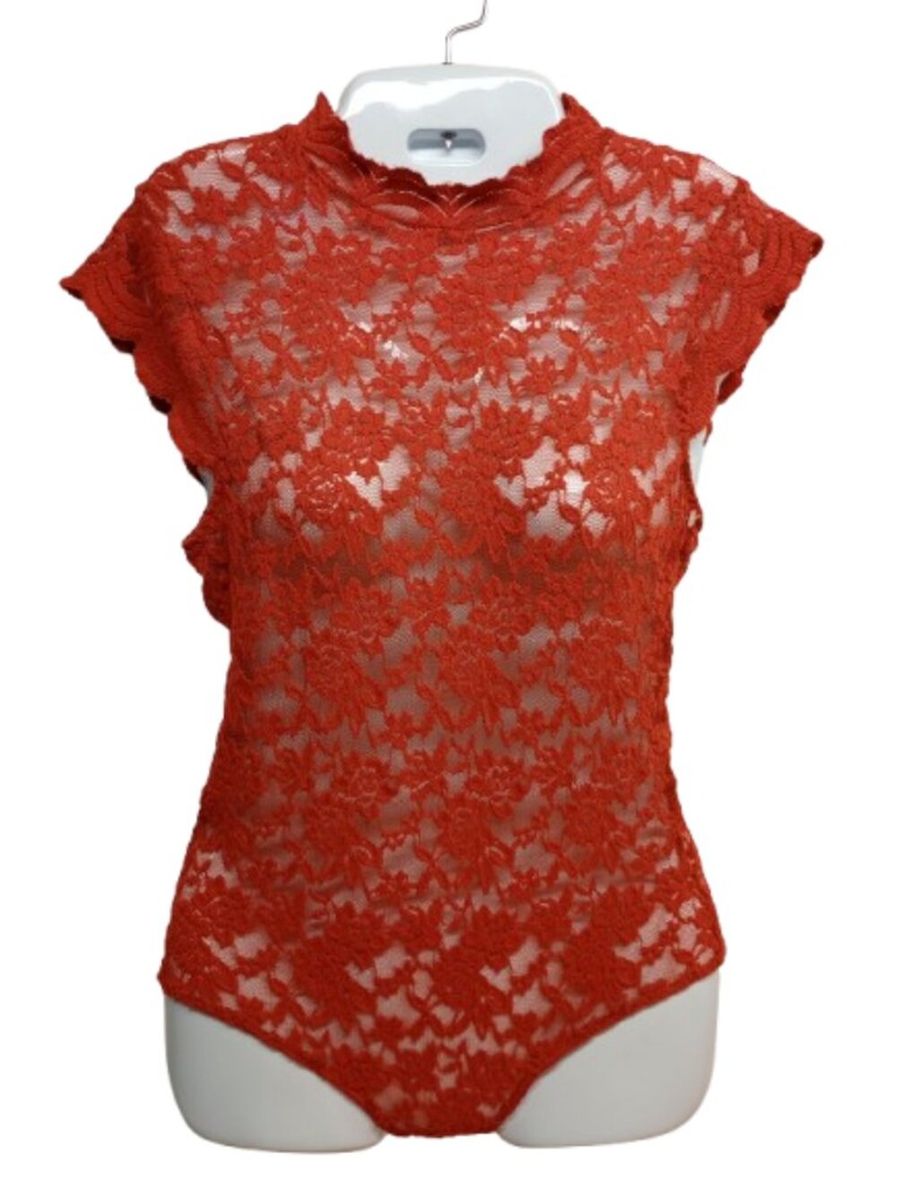 Ambiance Orange Floral Lace Mock Neck Bodysuit Women's Medium Sheer Stretch
